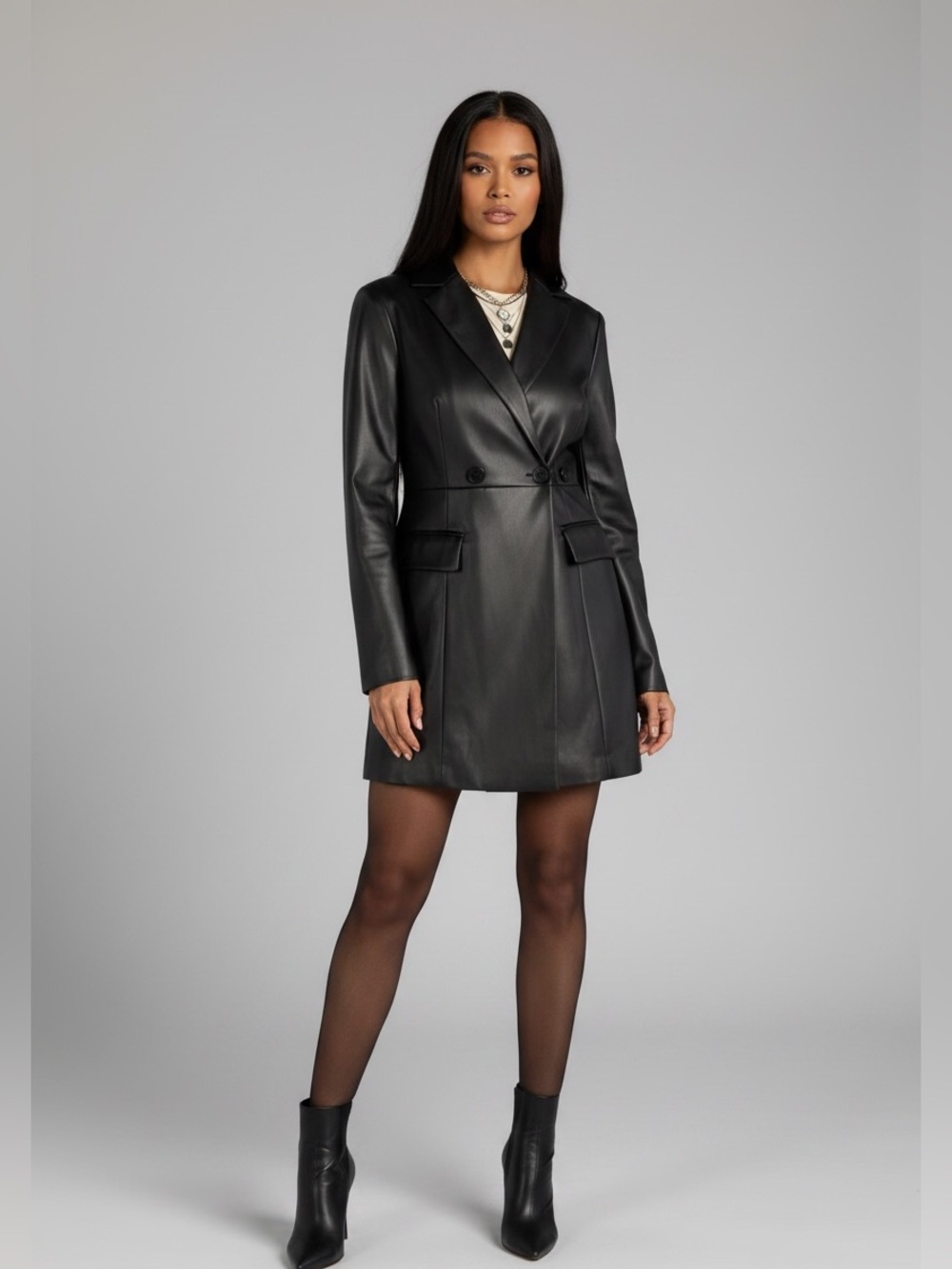 Black Faux Leather Blazer Jacket - Women's - Picture 3 of 7